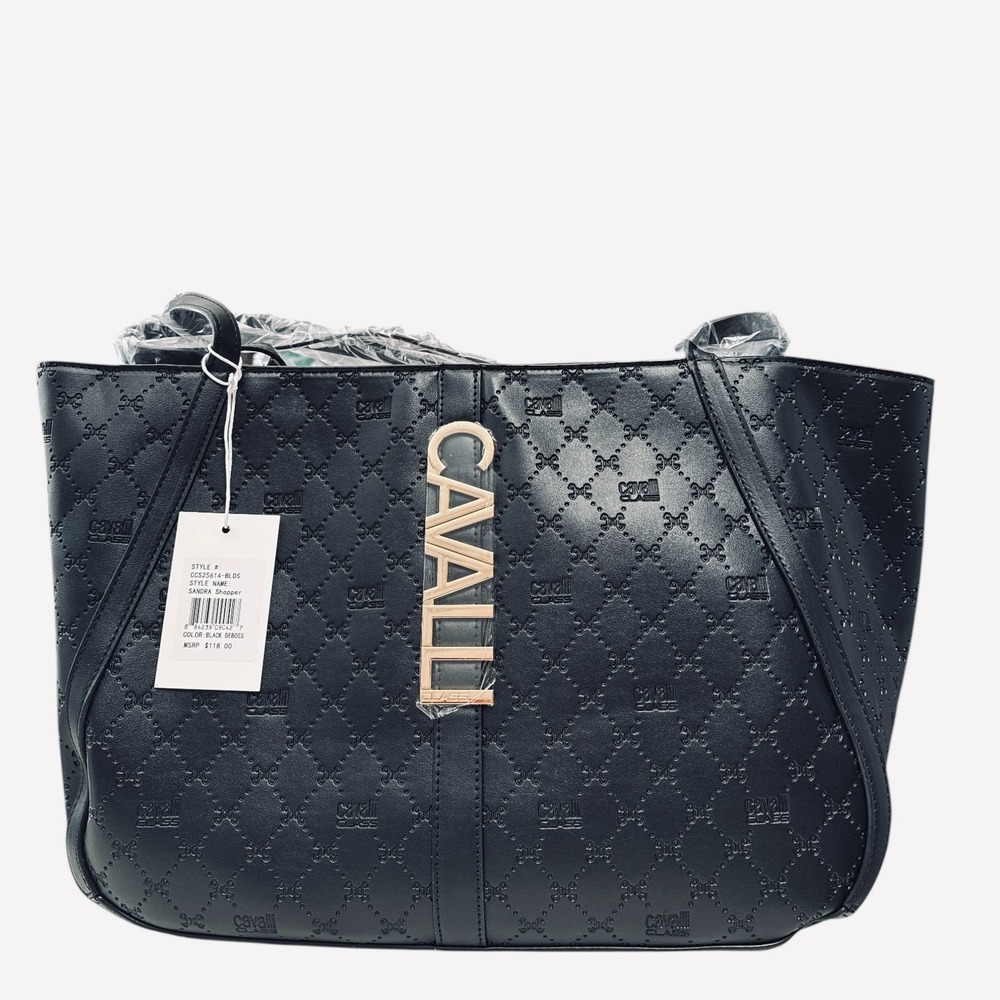 Cavalli Class Sandra Shopper Tote Bag Black Debossed Elegant Designer Handbag‎